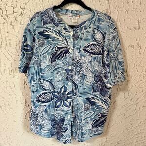Vintage 90s Floral Button Front Top Womens L Petite Blue White Made USA Tropical